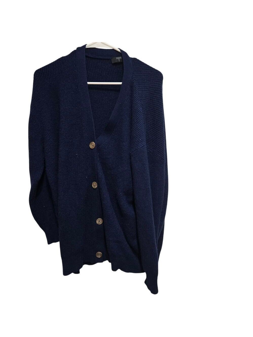 Tahari Navy Ribbed Knit Button Front Cardigan Sweater L
